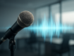 Close-up of a microphone with a soundwave graphic, suggesting voice technology