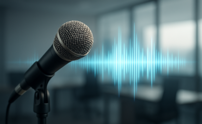 Close-up of a microphone with a soundwave graphic, suggesting voice technology