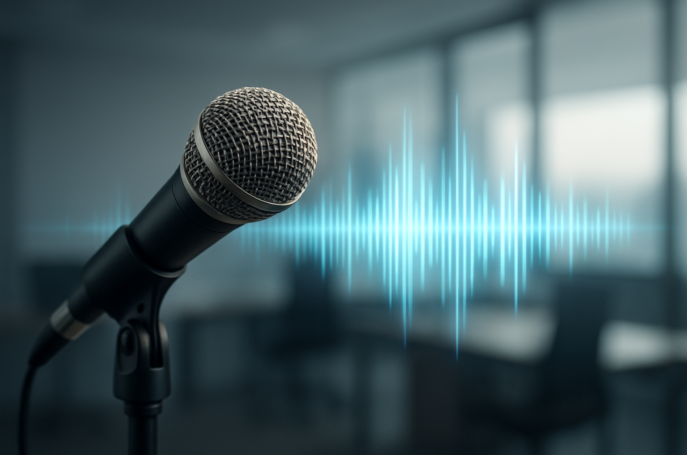 Close-up of a microphone with a soundwave graphic, suggesting voice technology