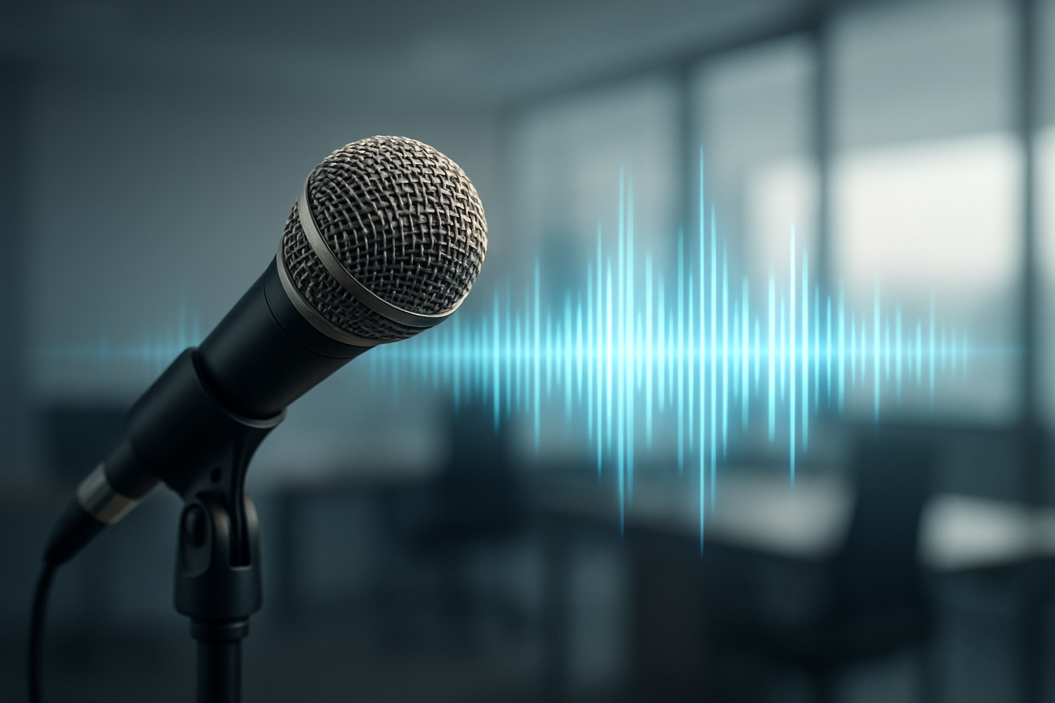 Close-up of a microphone with a soundwave graphic, suggesting voice technology