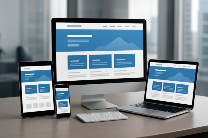 Various digital devices displaying a web design interface on a work desk.