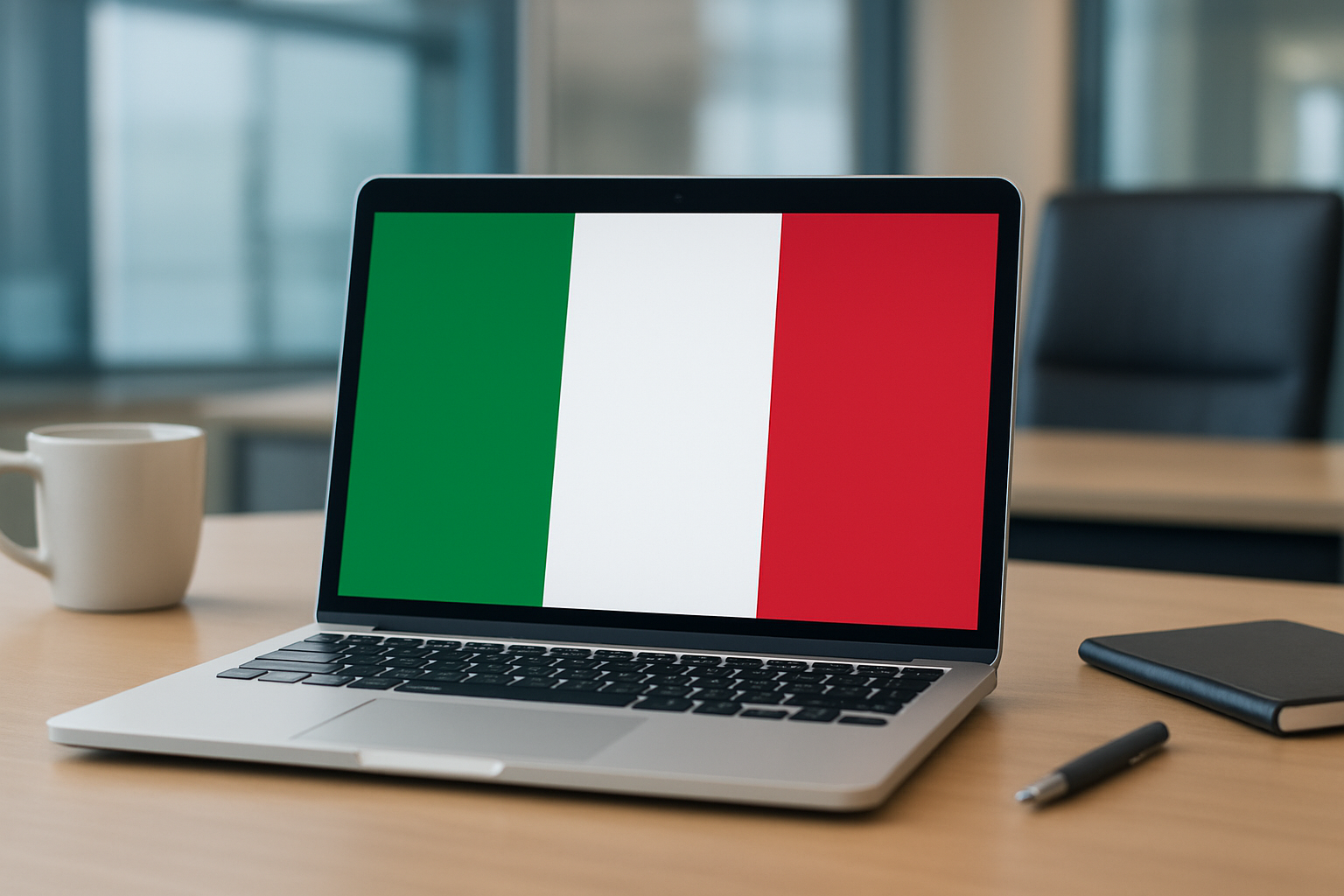 A laptop displaying the Italian flag on the screen, placed on a wooden desk with a coffee cup and notebook nearby.