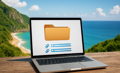 Laptop displaying a folder icon against a scenic coastal background