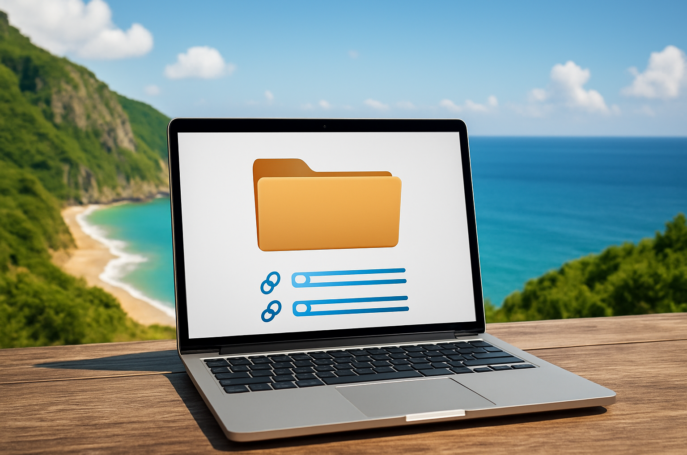 Laptop displaying a folder icon against a scenic coastal background
