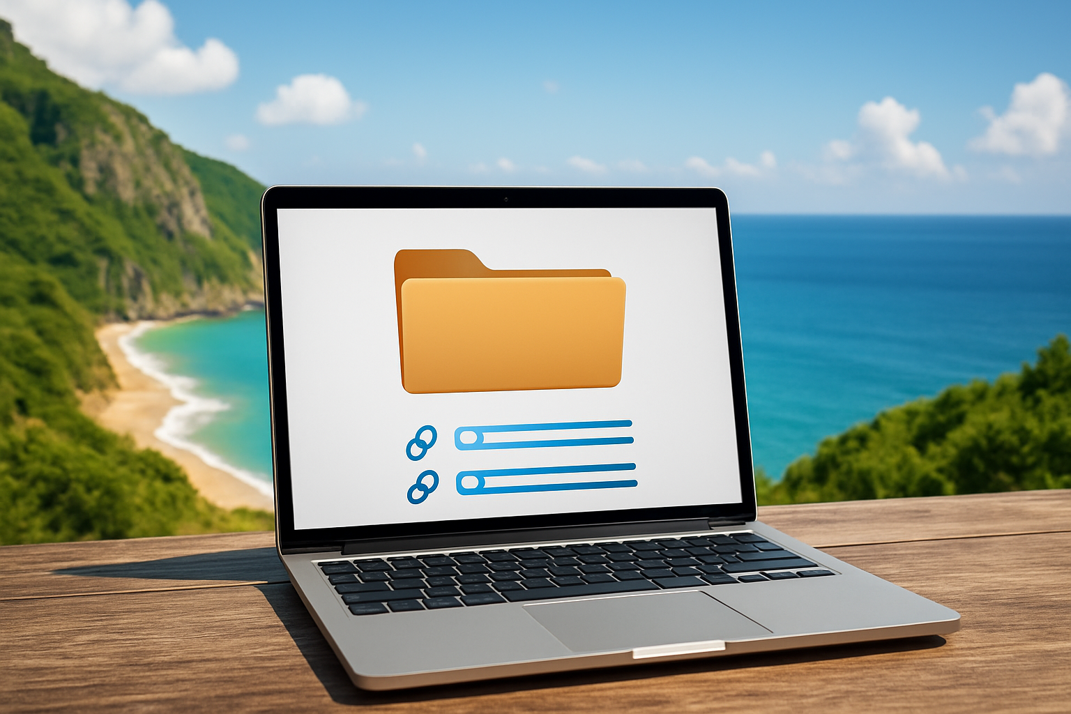 Laptop displaying a folder icon against a scenic coastal background